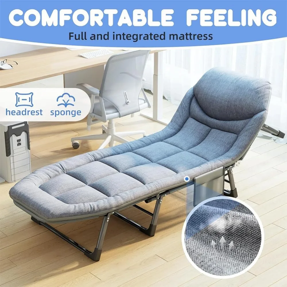 Heavy-Duty 6-Position Adjustable Folding Chaise Lounge Chair Portable Camping Cot with Removable Mattress and Pillow for Outdoor