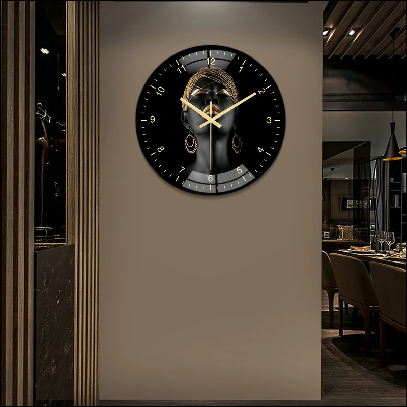 

Art Wall Clock Fashion Silent Quartz Clock African Beauty Golden Woman Clock Digital Clock Birthday Christmas Gift for Family Ho