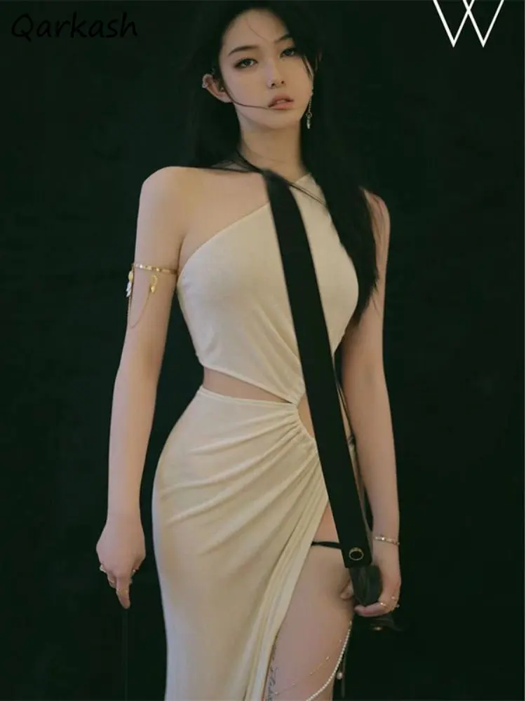

Женское ажурное платье макси без рукавов, однотонное элегантное платье-футляр с разрезом сбоку, модные асимметричные платья в Корейском стиле, женская одежда