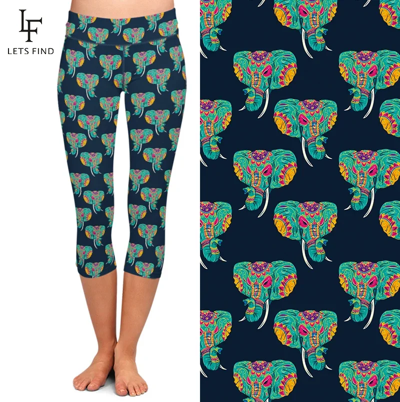LETSFIND Animals Design Elephants Print Women Capri Leggings Fashion High Waist Casual Mid-Calf Leggings
