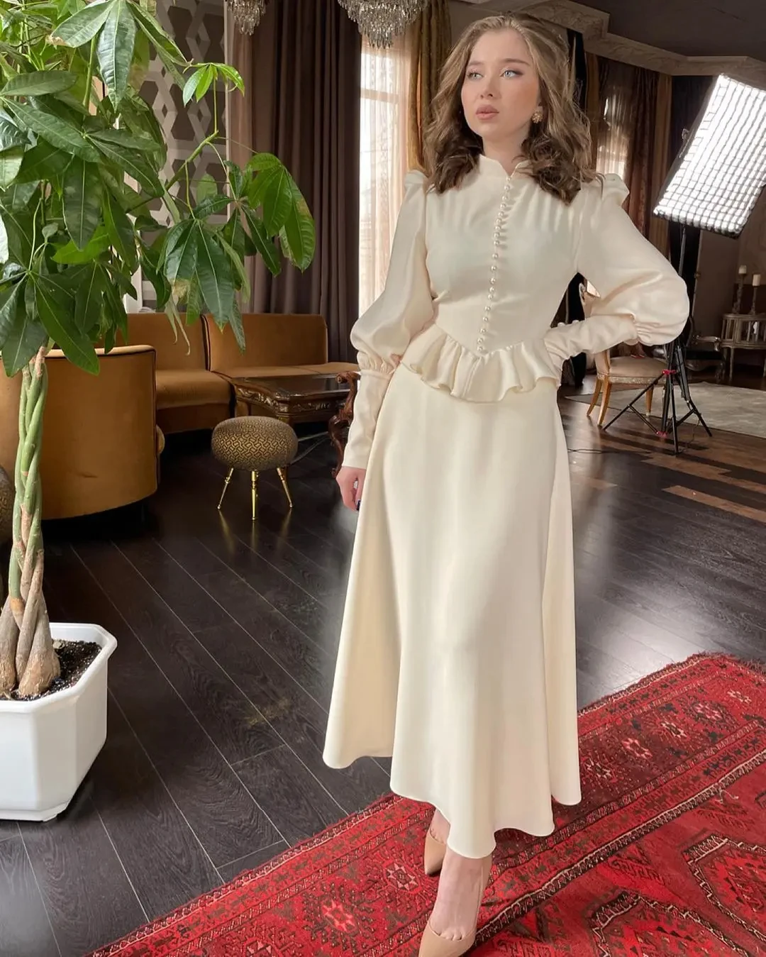 

Scoggins Evening Dresses Elegant Vintage Sweet Prom Dresses Off-The-Shoulder A-Line Long Sleeves Formal Occasion Party Gowns