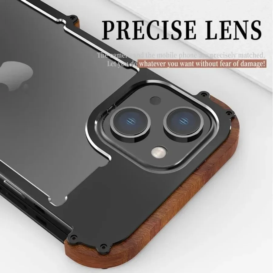Aluminum Alloy Metal Iron Wood Bumper Case For iPhone 15 14 Plus 13 12 11 Pro Max X XR Shockproof Dropproof Cover Lens Protector