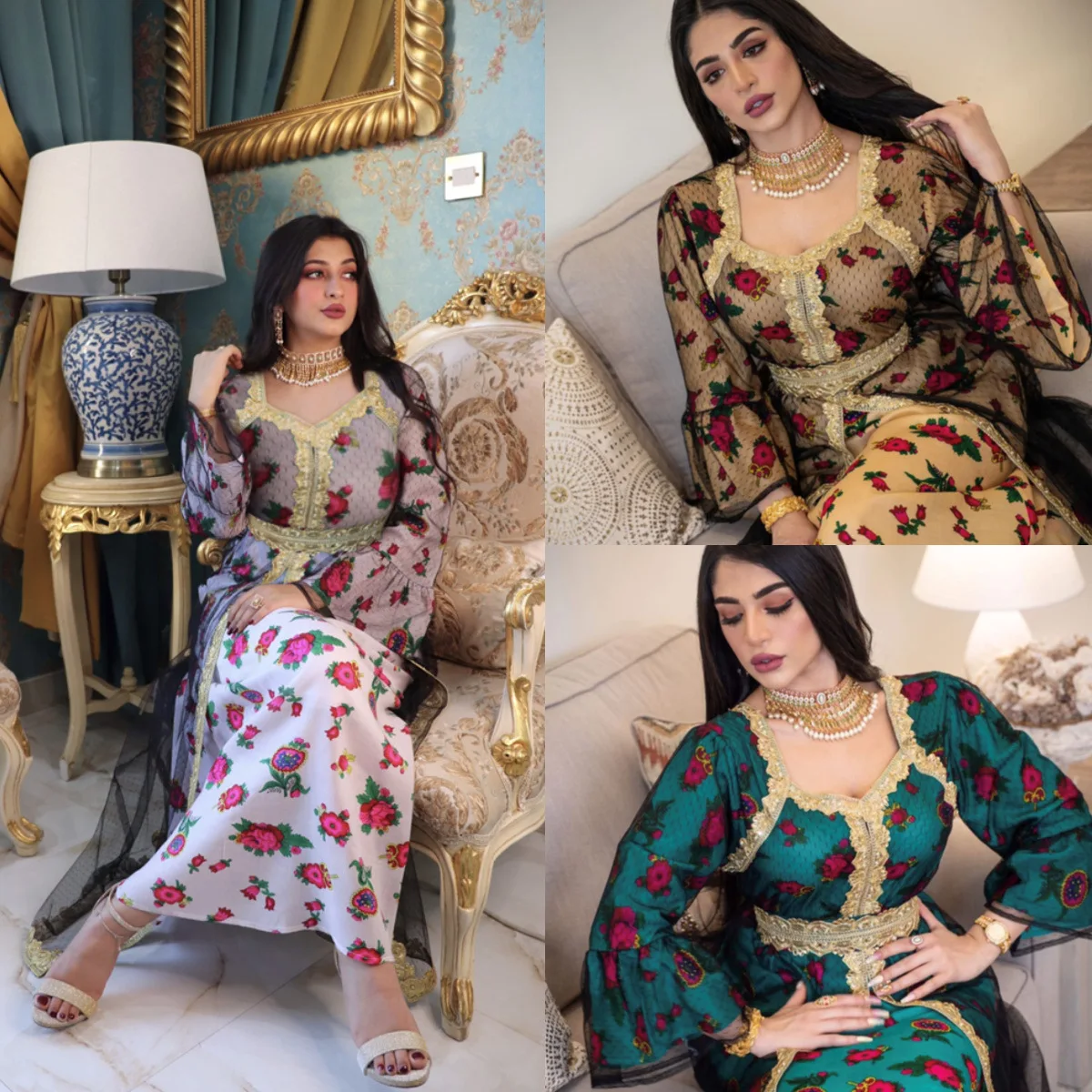 

Eid Middle East Abayas Women Dubai Dress Lace Applique Mesh Printing Long Sleeves Elegant Evening Party Muslim Clothes Kaftan