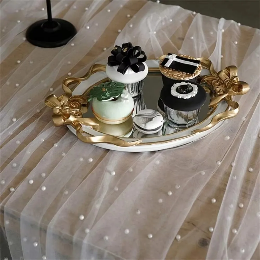 Sheer Drapes Pearl Yarn Table Runner Semi Transparent DIY Tulle Table Runners Gauze Mesh Pearl Table Cover