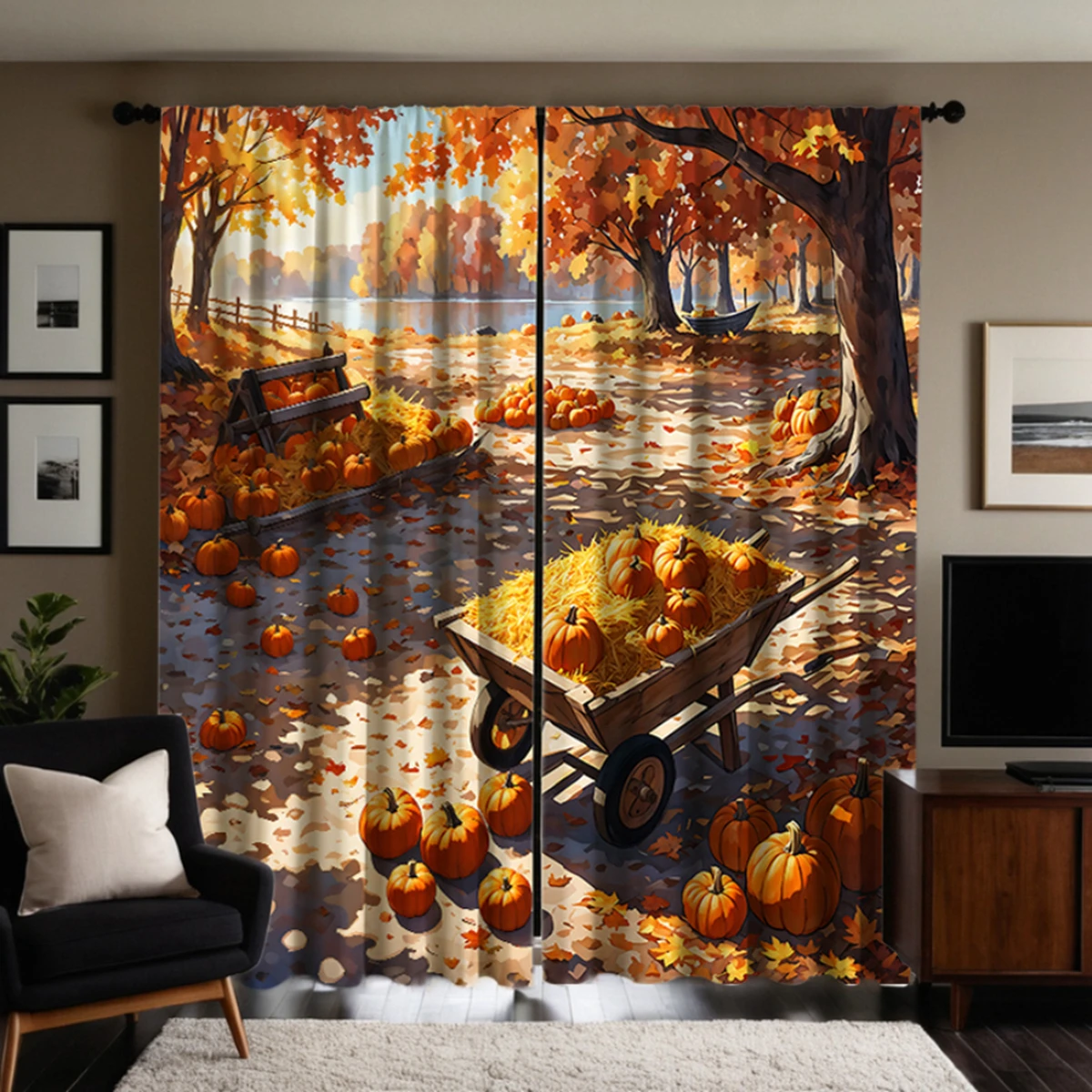 2 pieces of HD autumn wind deciduous pumpkin decorative curtain Yellow tie digital printed curtain home decoration style decorat 5