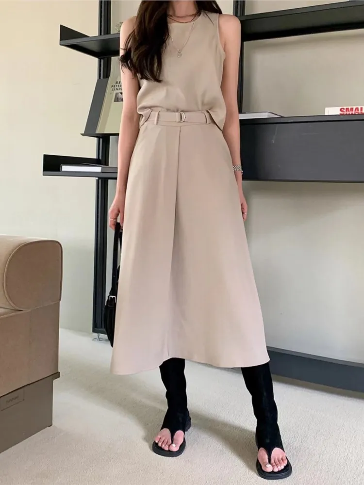Summer 2 Two Piece Set Women Backless Fashion Ladies Cropped Sleeveless Vests Tops Loose Ruffle Pleated Korean Woman Midi Skirts