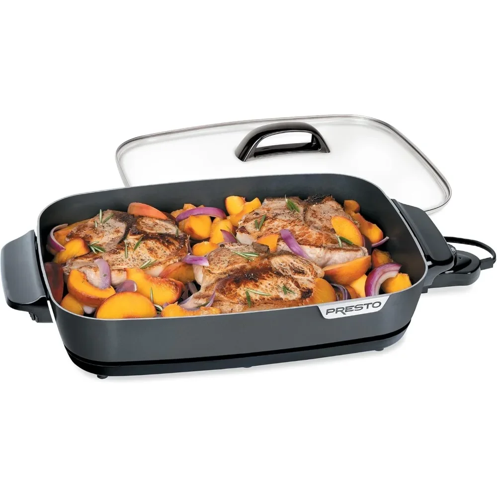 16 Inch Slimline Electric Skillet with Glass Cover,Nonstick,Adjustable Temperature,Black,Tempered glass cover 5