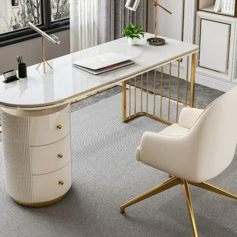 Modern Office Wooden Computer Desk White Executive Desk with Gold Metal Legs Workstation for Home Office Study Writing Desk