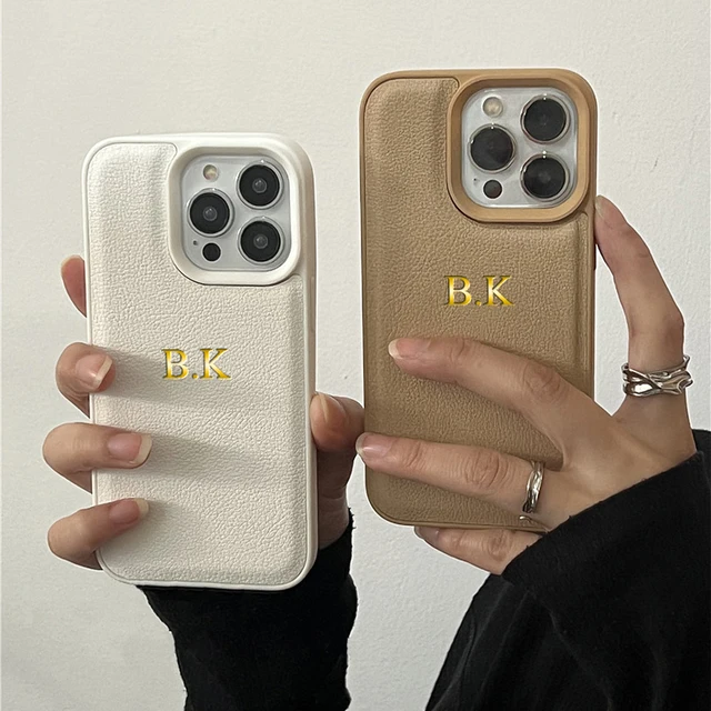 Personalized Name Case For iPhone 16 15 14 13 12 11 Pro Max Customized Initials Letters Leather DIY Engraved Cover 16 Pro Max 1