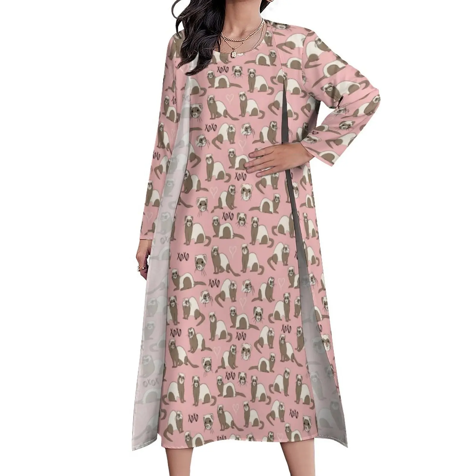 

Женское винтажное платье макси Love Ferret, розовое платье с милым принтом животных, длинное пляжное платье в стиле бохо, летнее платье с длинным рукавом