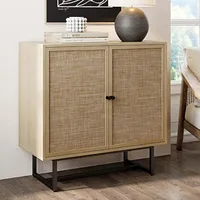 Kova Accent Sideboard Storage Cabinet in Light Wood and Rattan with Metal Frame, Adjustable Shelves and Cane Doors, for Hallway 1