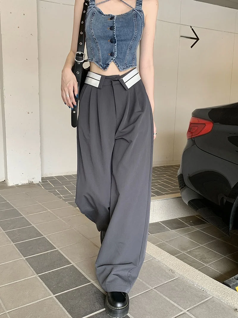 Hong Kong Flavor Gray Flanging Suit Pants for Women, High Waist Drape