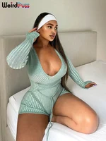 Weird Puss Crochet Bandage Playsuits Women Low-Neck Contrast Striped Patchwork Long Sleeve Autumn Trend Vacation Skinny Romper - Image 3