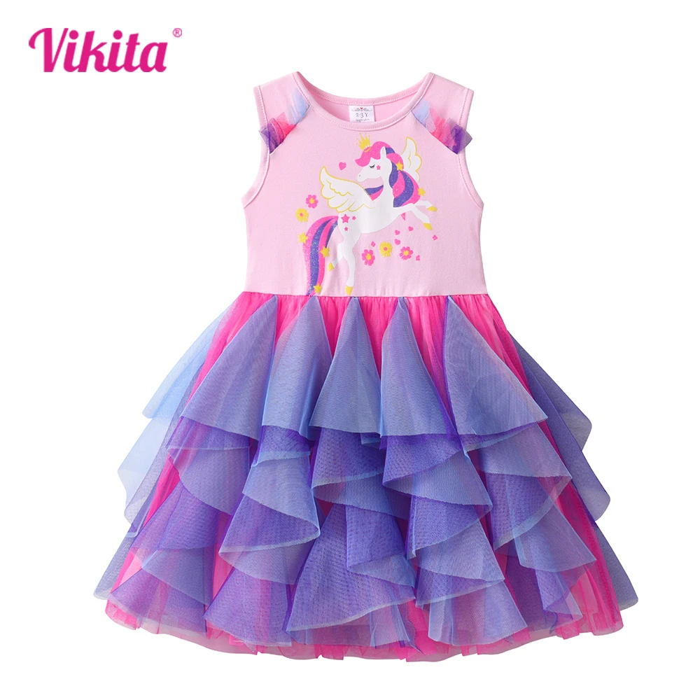 

VIKITA Girls Summer Sleeveless Infantil Vestidos Kids Unicorn Cartoon Print Dresses Kids Princess Mesh Tulle Layered Tutu Dress