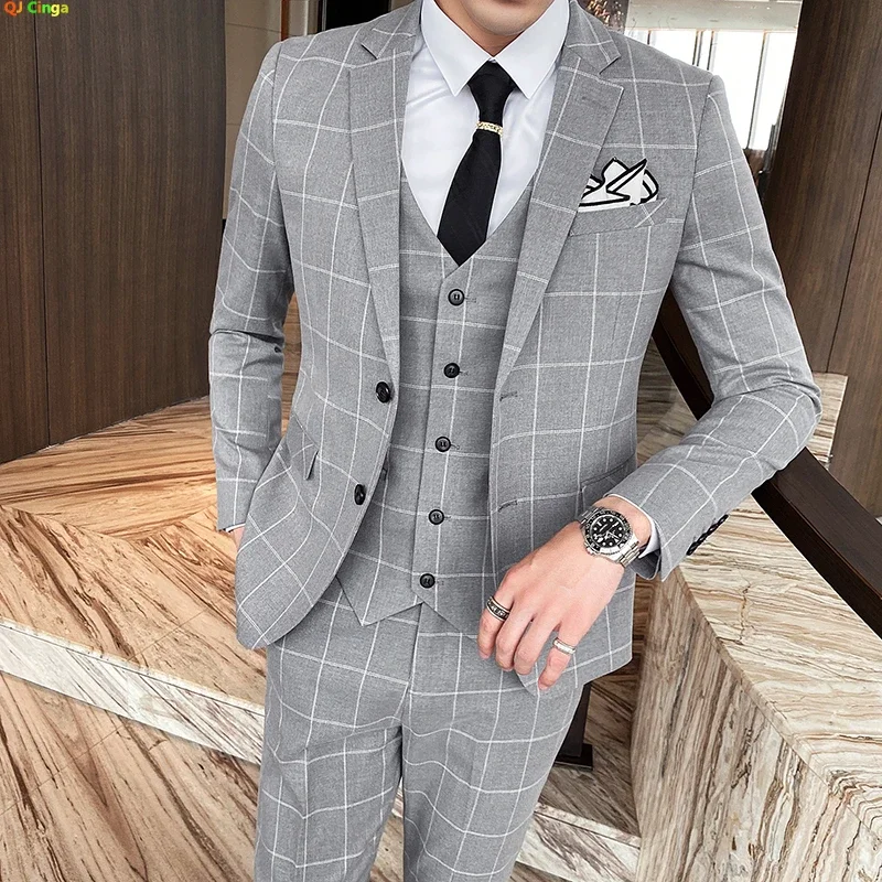 Black Men Classic Striped/Checked Suits, Business Office 3 Piece, Asian Size Slim Fit Men's Dress Jacket & Pants with Vest