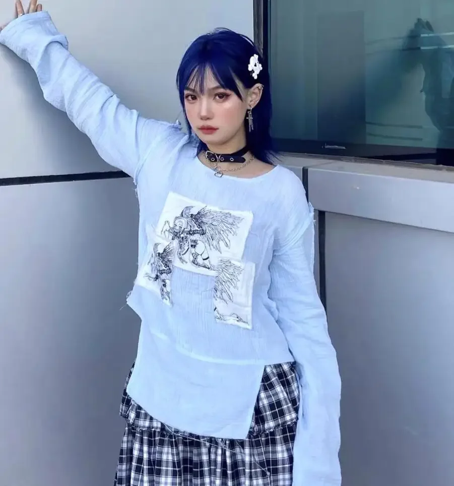 KOSAHIKI Gothic Skull Print Loose T Shirt Women Off Shoulder