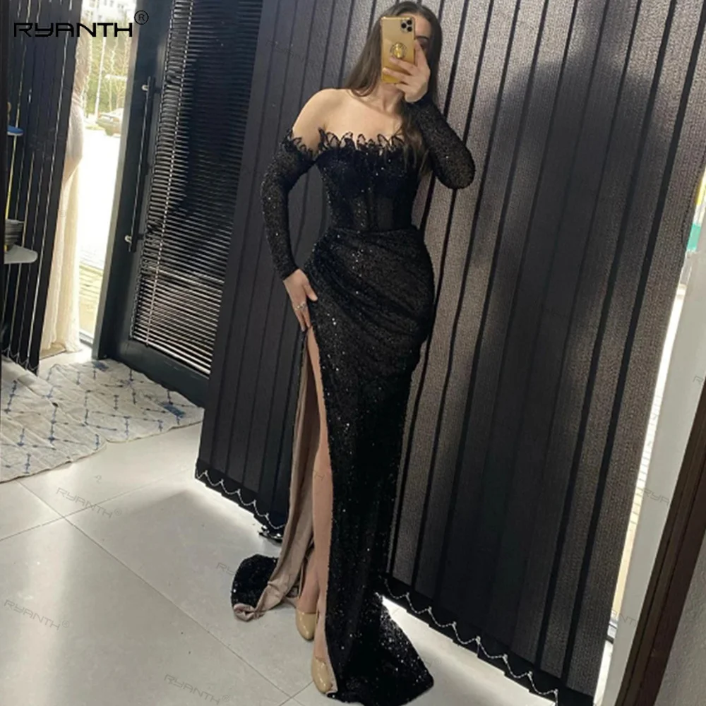 

Black Luxury Glitter Evening Dresses Ruched Sexy Shiny High Side Slit Pleats Prom Dress Backless Sparkly Celebrity Party Gowns