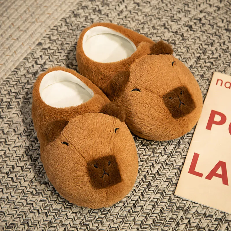 1Pc Kawaii Cartoon Animal Plush Slippers Cute Simulation Capybara Room Cotton Shoes Winter Warm Woman Indoor Non-slip Slippers
