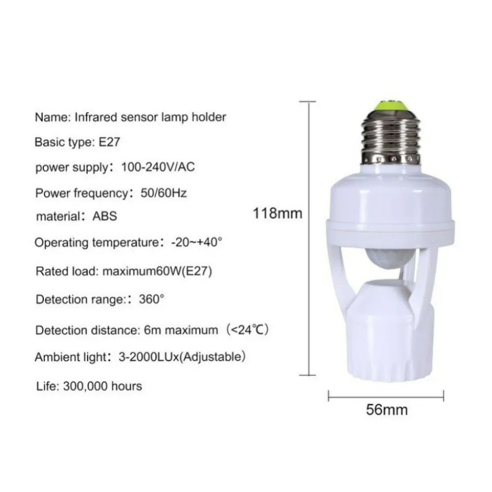 HHLZYH E27 PIR Human Induction Motion Sensor LED Night Lamp Socket Base AC 110V-220V Delay Time Adjustable Switch 360 Degrees lamp holder lamp bulb holder lamp base