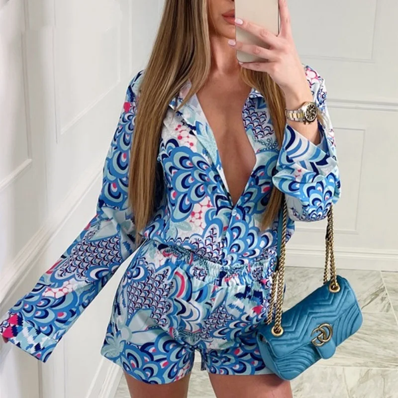 

Women's Summer Fashion Casual Suit Long Sleeve Print Shirt Elastic Waist Shorts Sets With Scarf Beach Vacation 3Pcs Clothes Boho