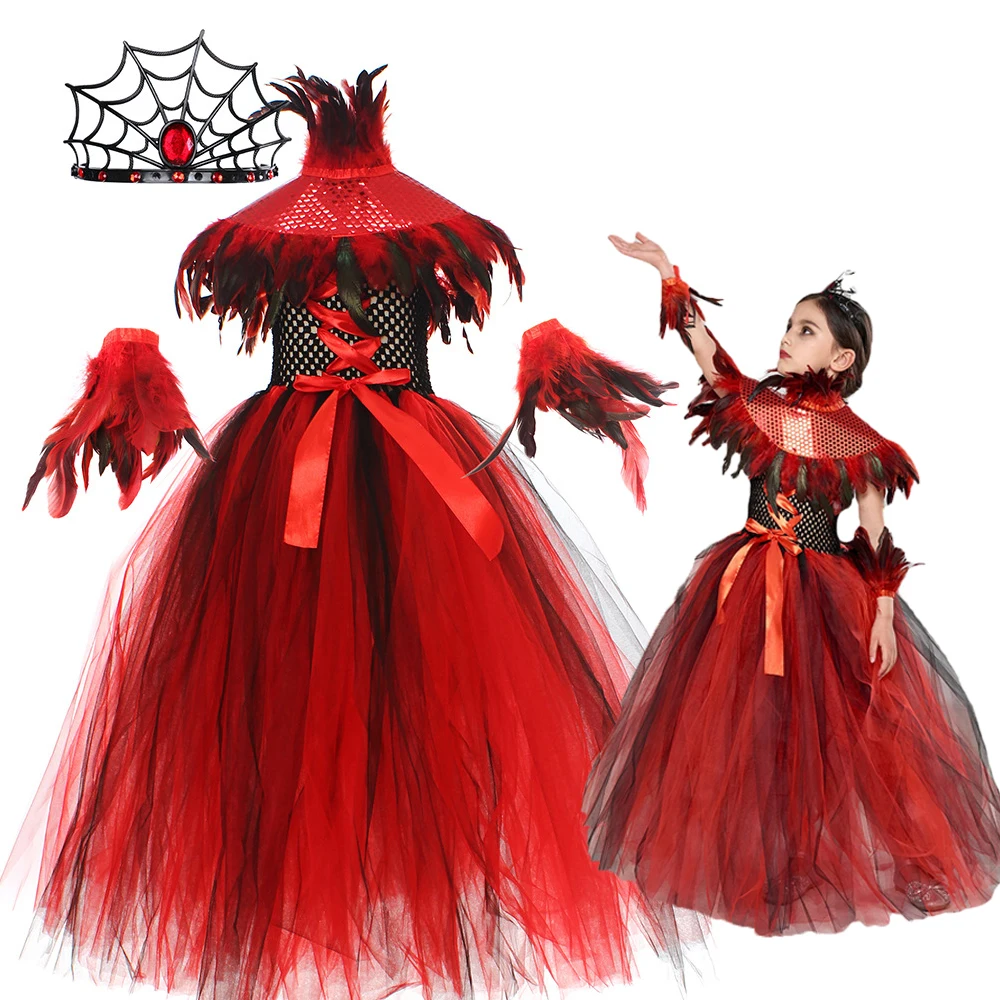 

Girls Gothic Demon Evil Queen Vampire Carnival Party Cosplay Clothes Spider Witch Tutu Long Dress Halloween Disguise Costume Set