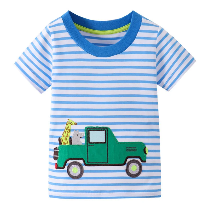 

Jumping Meters 2-7T New Summer Cotton Boys Tees Tops With Cars Applique Hot Baby Stripe T shirts Embroidery Kids Clothing