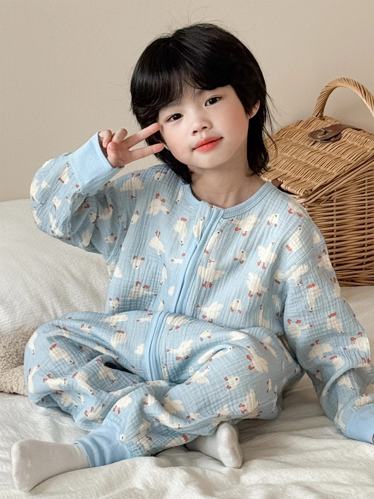 소년 소녀 봄 가을 겨울 면 모슬린 얇은 가정복 잠옷 긴팔 긴 바지 편안하고 ..