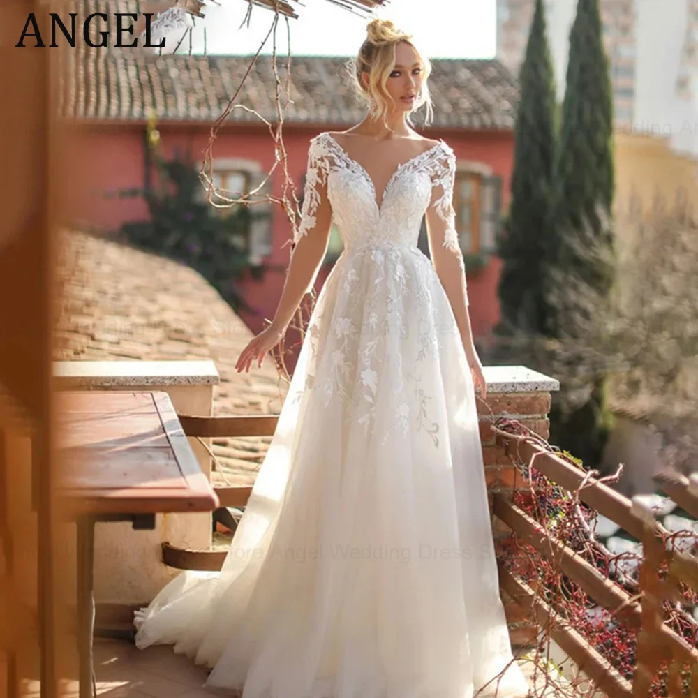 

ANGEL V-Neck Bridal Dress Long Sleeves Lace Applique Wedding Dresses For Woman Backless Vestidos De Noiva Mariage Customized