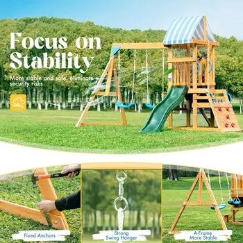 Robotime Robud Wooden Swing Set with Dual Swings Slide Rock Climbing Wall Chalkboard Telescope Fort for Backyard Fun for Kids 2