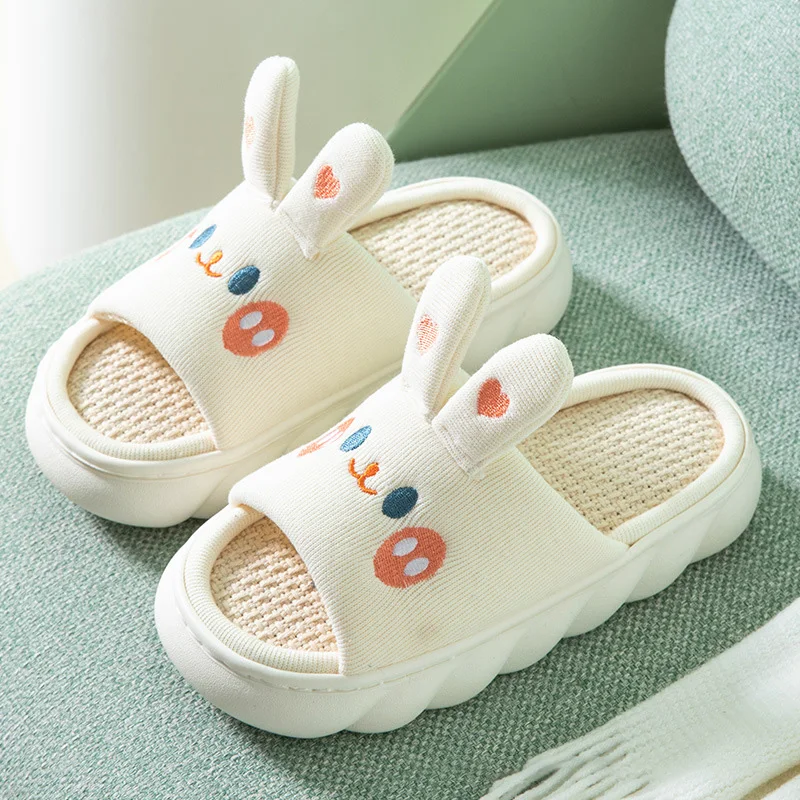 Thick Sole Cartoon Bunny Linen Slippers Female Cute Rabbit Anti