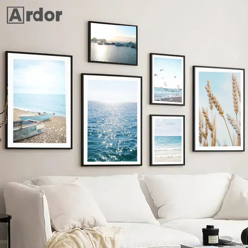 

Seagulls Beige Reeds Beach Sign Bridge Posters Palm Wheat Art Print Canvas Painting Nordic Wall Pictures Living Room Home Decor