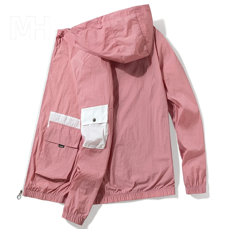 2024 Summer Sun Protection Clothing Men's Skin Elastic Ice Silk Ultra-thin Hooded Jacket Casual Outdoor UV Pocket Windbreaker
