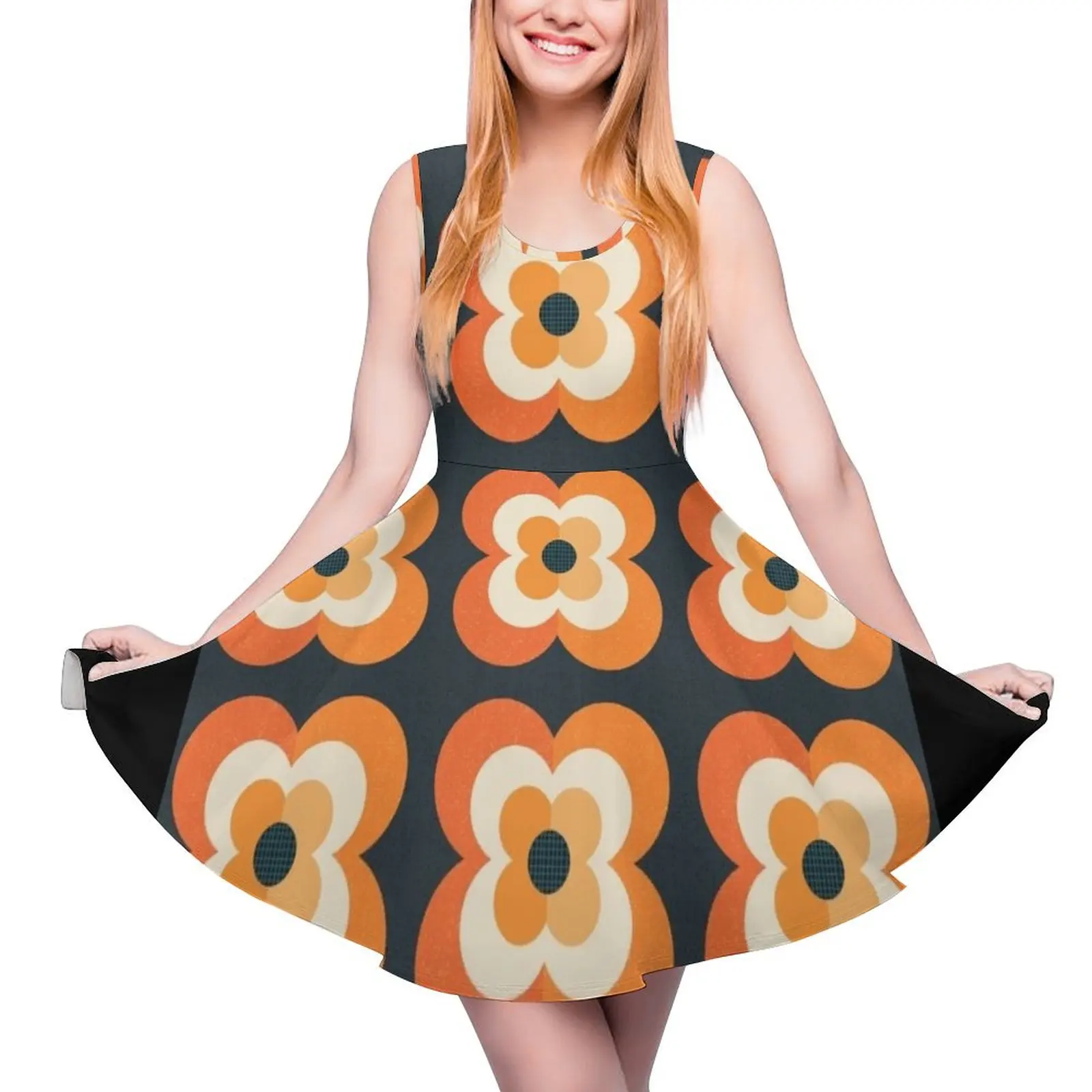 Retro Flowers - Orange and Charcoal Sleeveless Dress Bride dresses