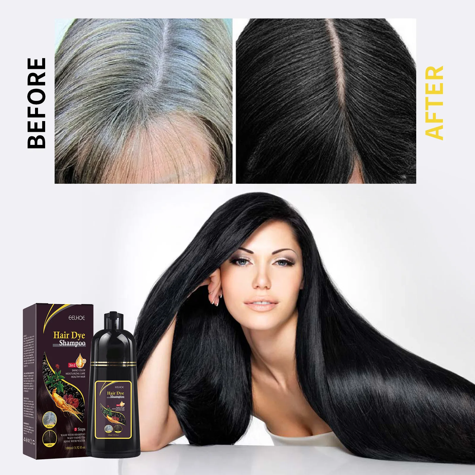 100ml 3in1 Hair Dye Shampoo for Gray Hair Polygonum Multiflorum Herbal Ingredients Natural Ginger Darkening Coloring Cover 5