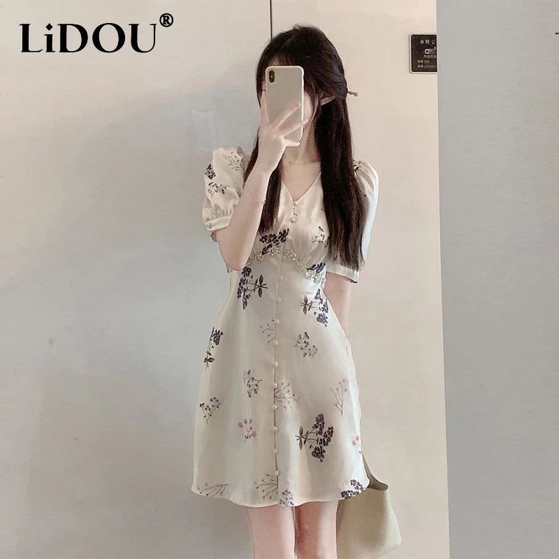 

Summer New V-neck Elegant Fashion Diamonds Satin Dress Ladies Temperament Waist Mini Robe Female Floral Printing Slim Vestidos