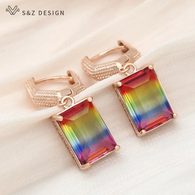 S&Z DESIGN Fashion Colorful Square Imitation Tourmaline Drop Earrings For Women Jewelry 585 Rose Gold Color Vintage Eardrop