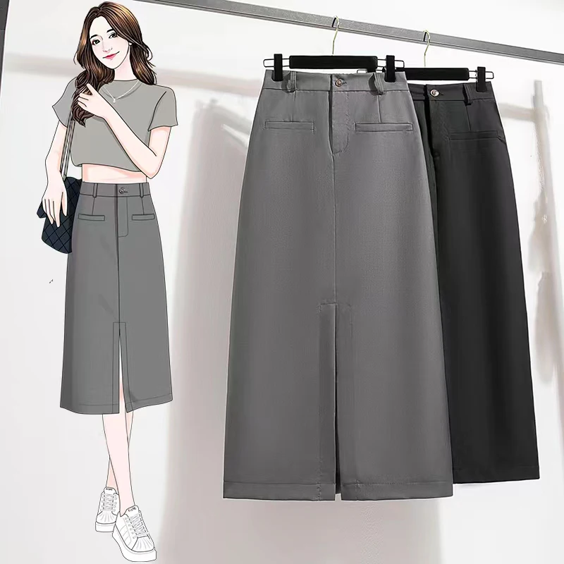 

Real shot large size black slit skirt women's spring and summer slim a-line skirt drape suit mid-length skirt korean fashion