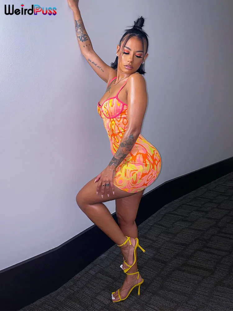 Weird Puss Print Sexy Mini Dress Women Backless Coquette Skinny  Hip Sundress Stretchy Bodycon Sleeveless Fashion Party Outfit 2
