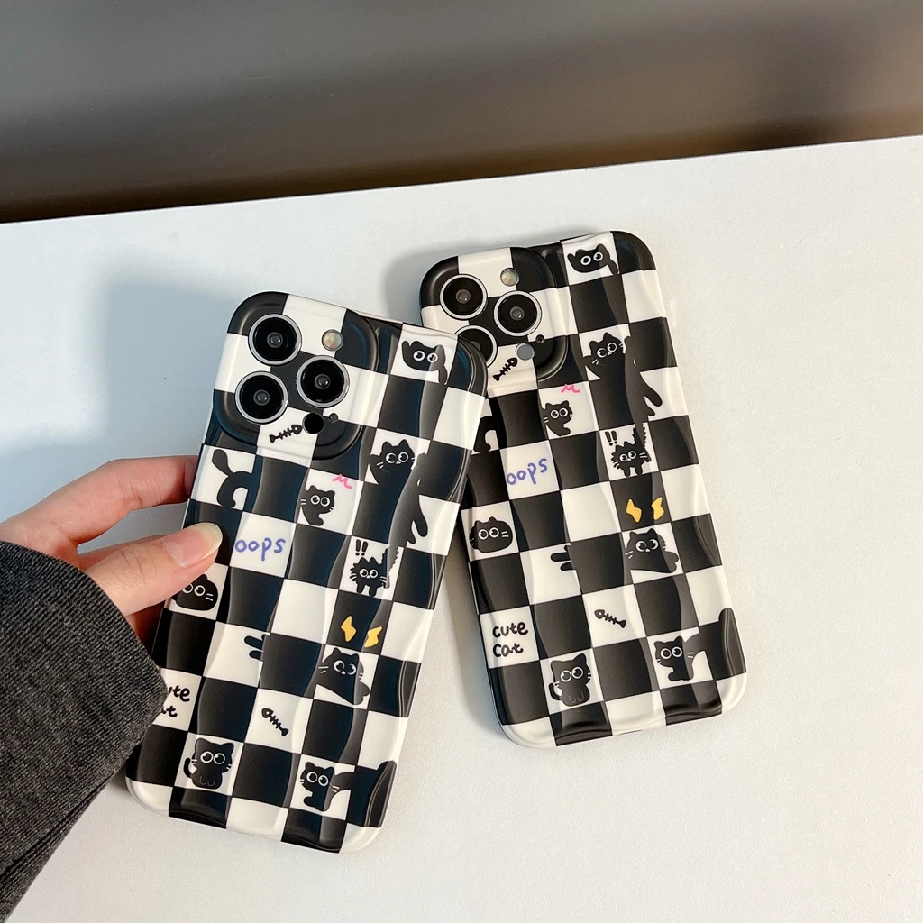 Water Ripple Cartoon Cat Black White Checkerboard Custodia Morbida In Tpu Per Iphone 15 14 13 12 Pro Max Custodia Protettiva Antiurto