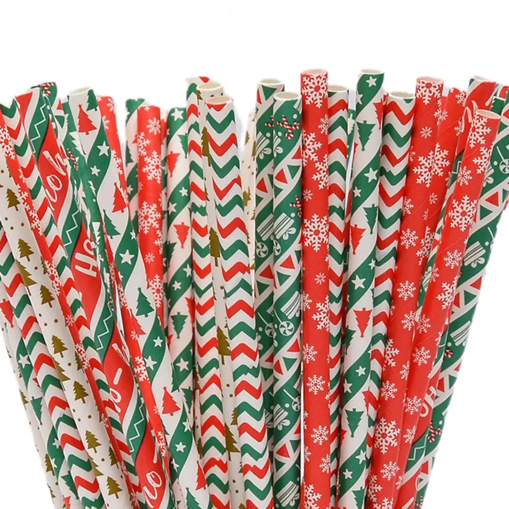 100 Pcs Paper Straws Food Grade Degradable Christmas Disposable Straws Table Decoration Snowflake Print Xmas Drinking Straw