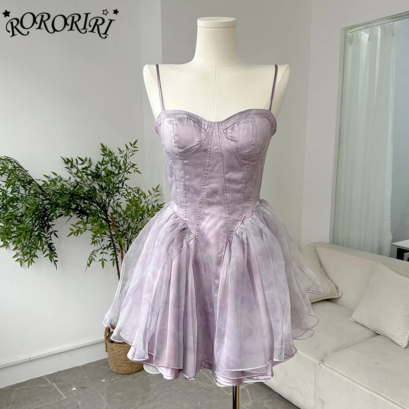 

RORORIRI розовый узор корсет Мини платье Женская Лолита Слитная летняя тонкая бретелька искусственная принцесса искусственное вечернее платье