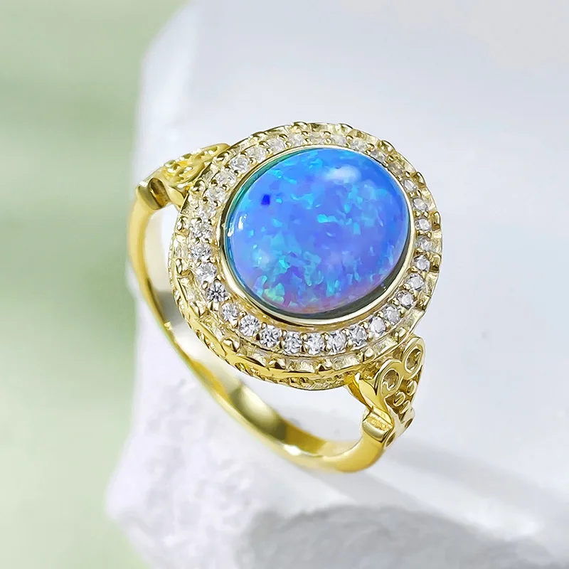 New 925 Silver Plated Gold Inlaid 8 * 10mm Oval Australian Treasure Opal Blue Ring for Cross Border Women, Versatile and Unique
