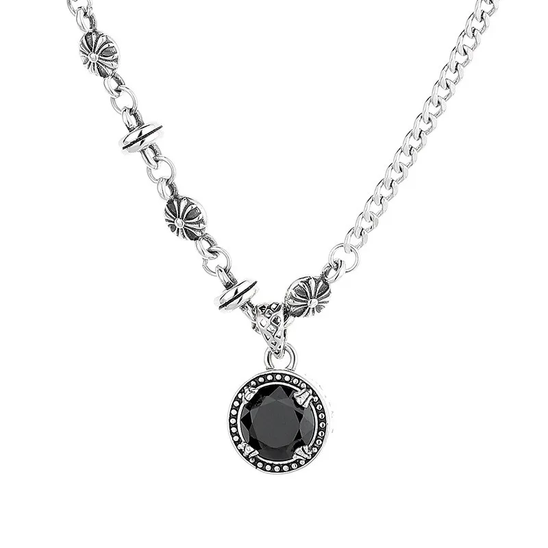 

316FLZFSILVER S925 Sterling Silver FashionTrendy Retro Classic Cross Black Zircon Necklace Women Wedding Charm Jewelry Match-all