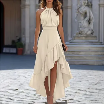 Womens New Halter High Split Sleeveless Ruffle Dresses Summer Fashion Irregular Hem Solid Dresses Holiday Party Maxi Dress 1