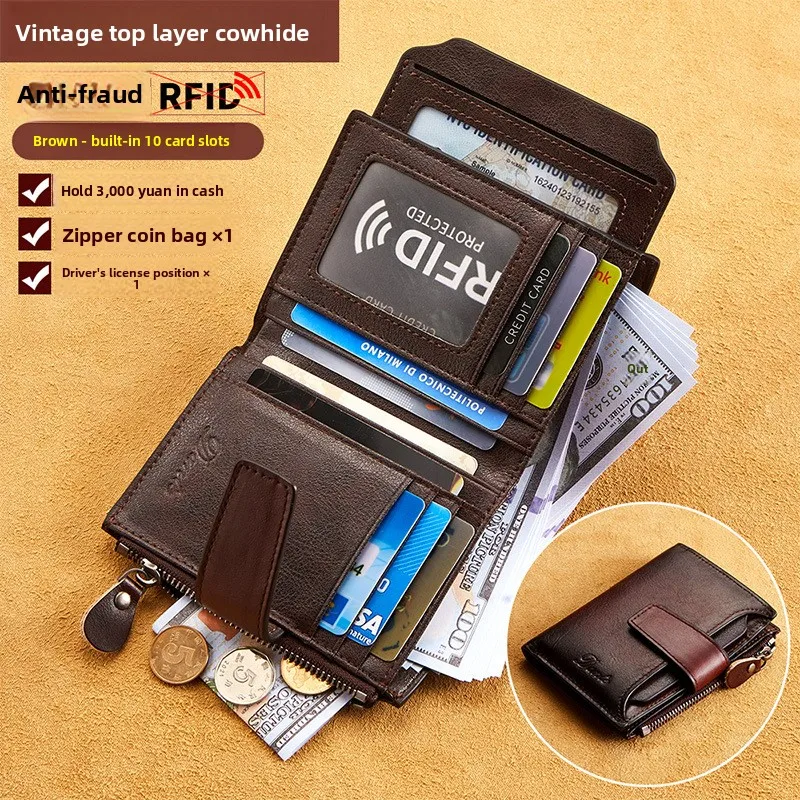 Men's Short Genuine Leather Wallet Top Layer Cowhide RFID Anti-theft Fashion Casual Money Clip with Driver's License Holder