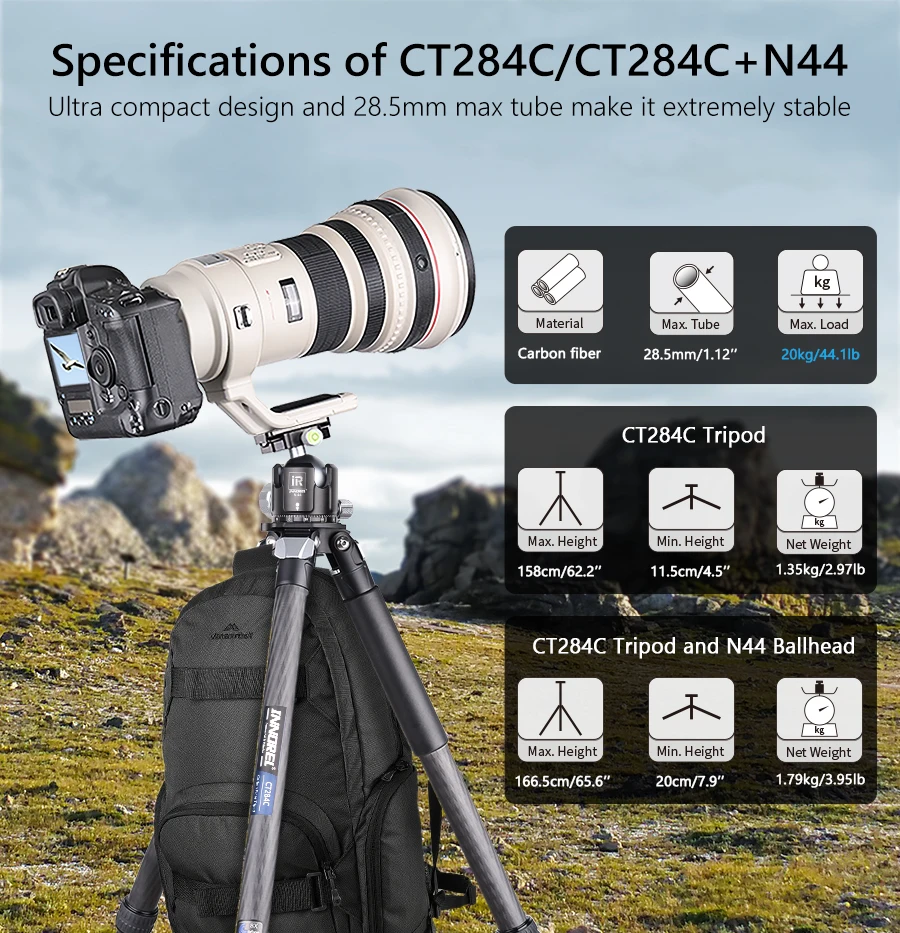 CT284C Professional Carbon Fiber Tripod Travel Camera Stand with Stone Bag for D