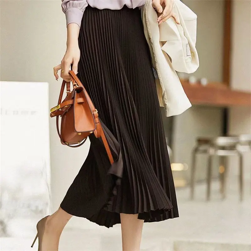 

Spring Summer Pleated Skirt Heavy Pleated High-Waisted Slimming Skirt Women's Mid-Length A-Frame Over-The-Knee Skirt