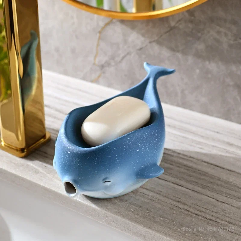 Creative Light Luxury Ceramic Drain Soap Box, Blue Starry Sky Whale Shaped, Home Bathroom Accessories Soap Box Storage Rack, 1Pc