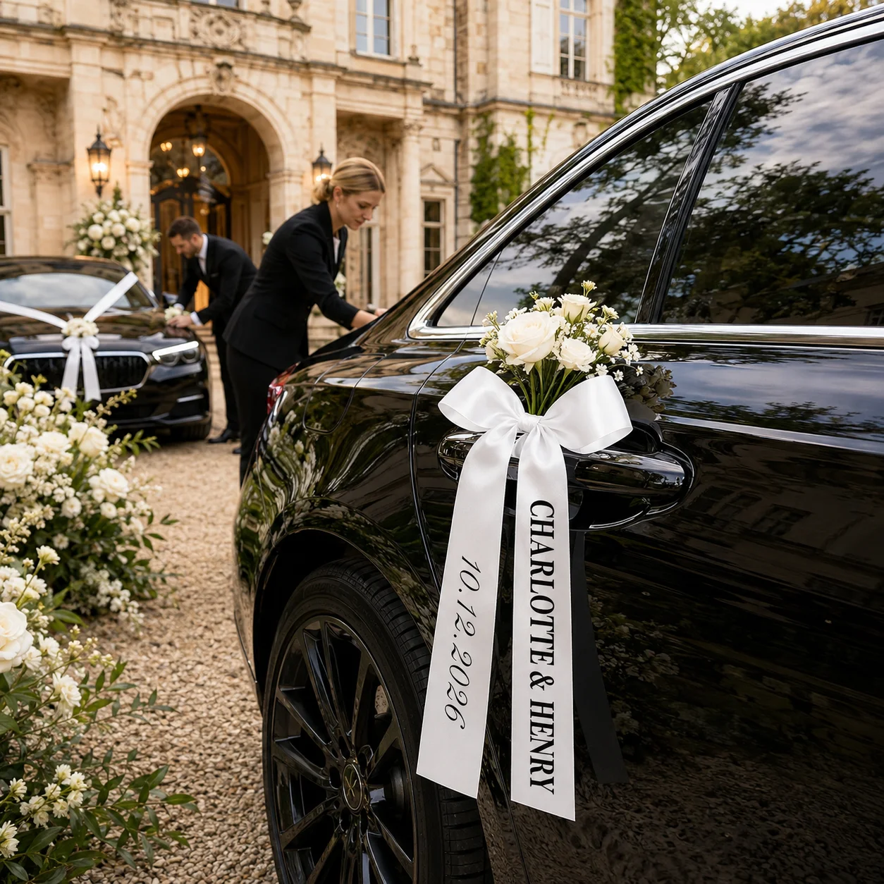 Personalized Wedding Car Ribbon with Custom Text – Elegant Satin Bow Tails for Bridal Decor and Gifts