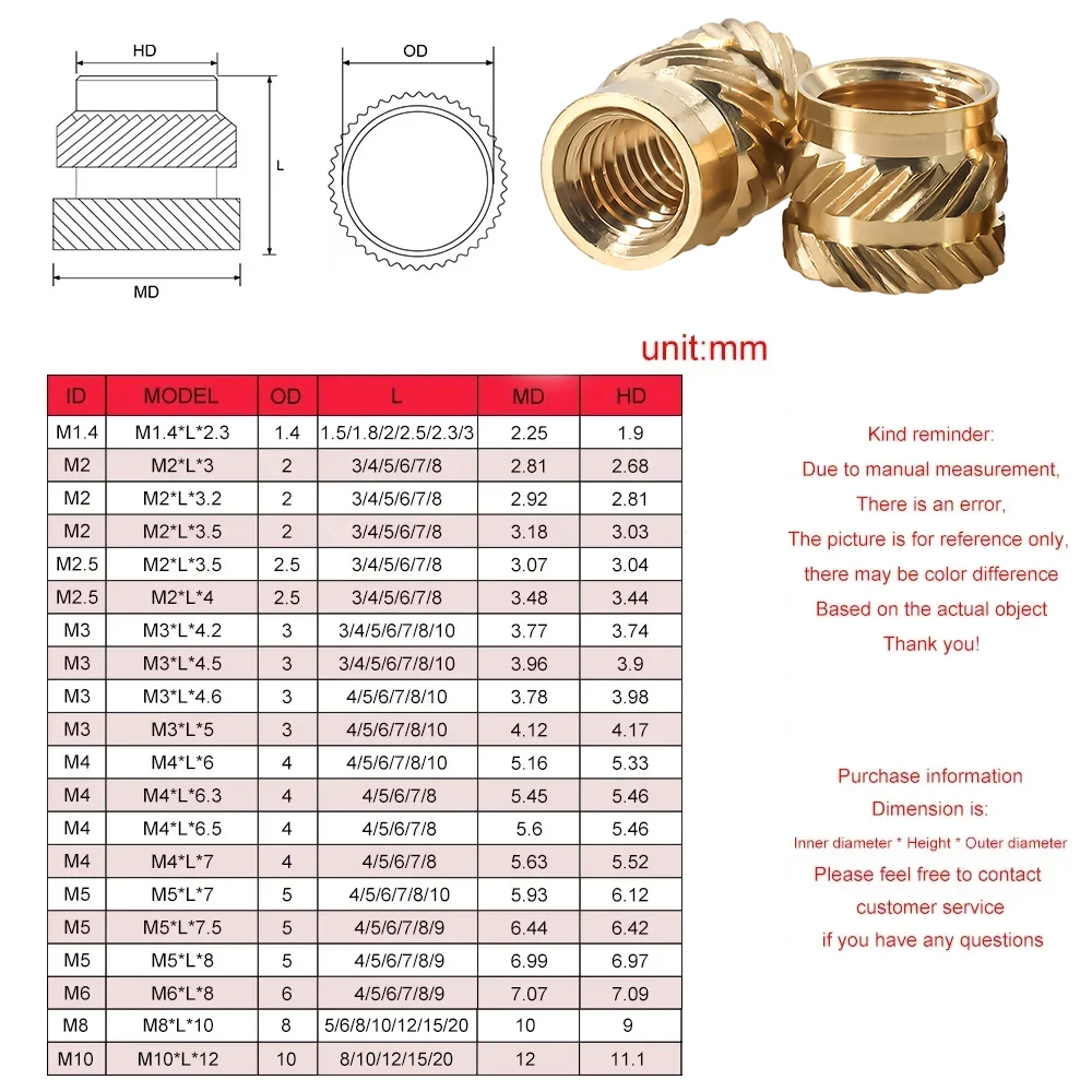 Brass Heat Insert Nut M2 M3 M4 M5 M6 M8 Double Twill Knurled Hot Melt Injection Embed Thread Inserts For 3d Printer Plastic